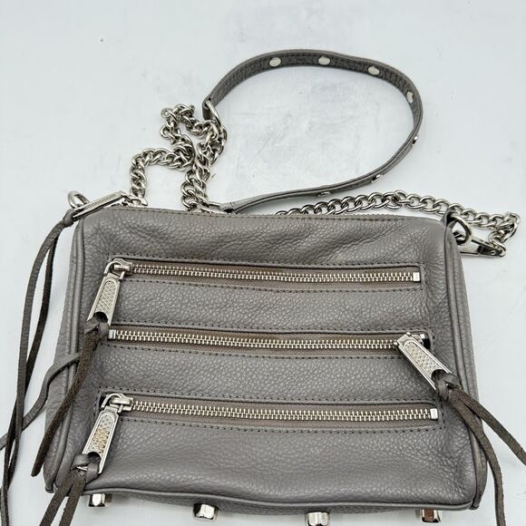 Rebecca Minkoff Smokey Grey Pebbled Leather 3-zip Rocker Studded Crossbody Bag - Picture 10 of 12